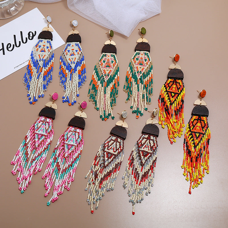 Exaggerated Long Handmade Rice Bead Tassel Earrings