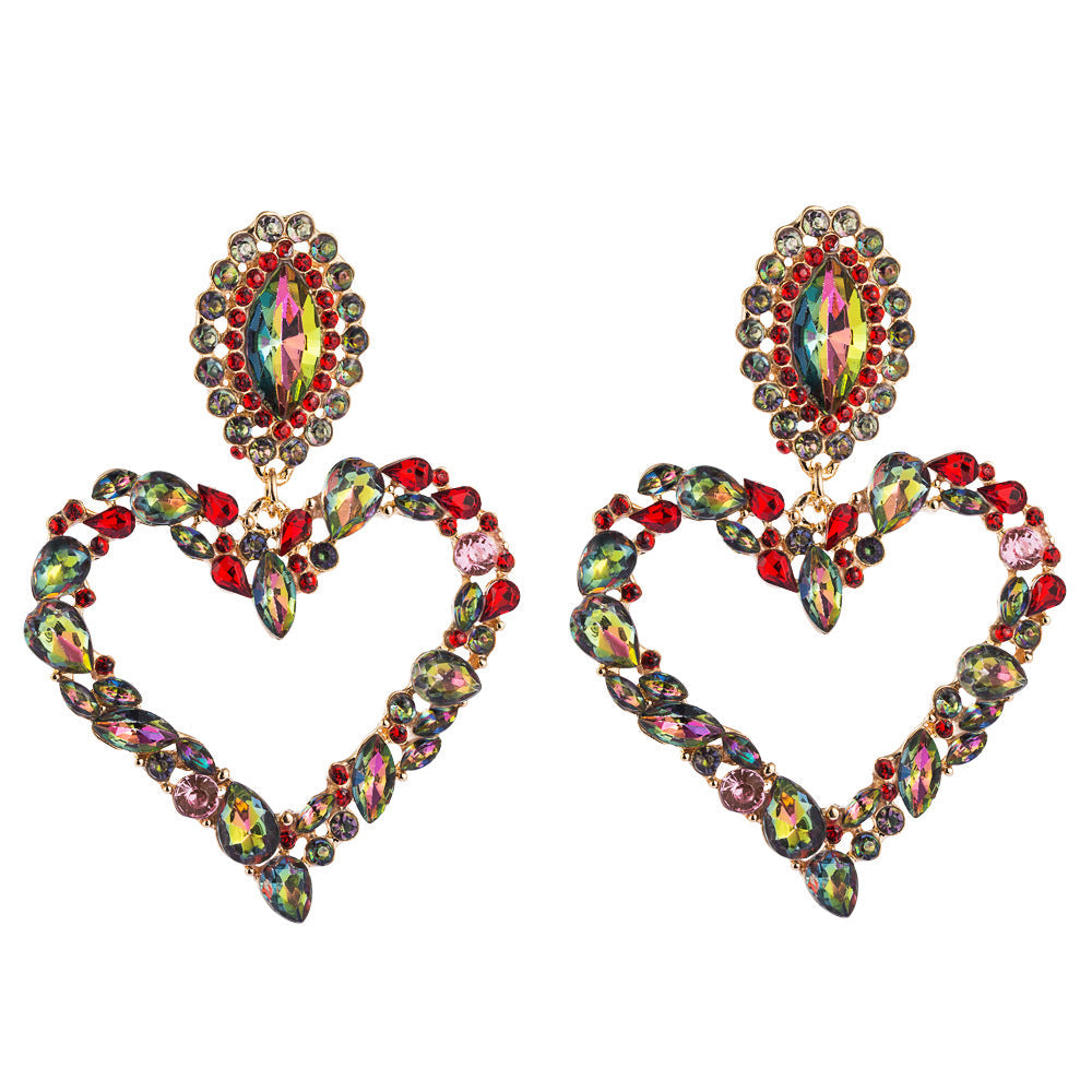 Vintage Heart Shaped Alloy Earrings With Colored Diamonds