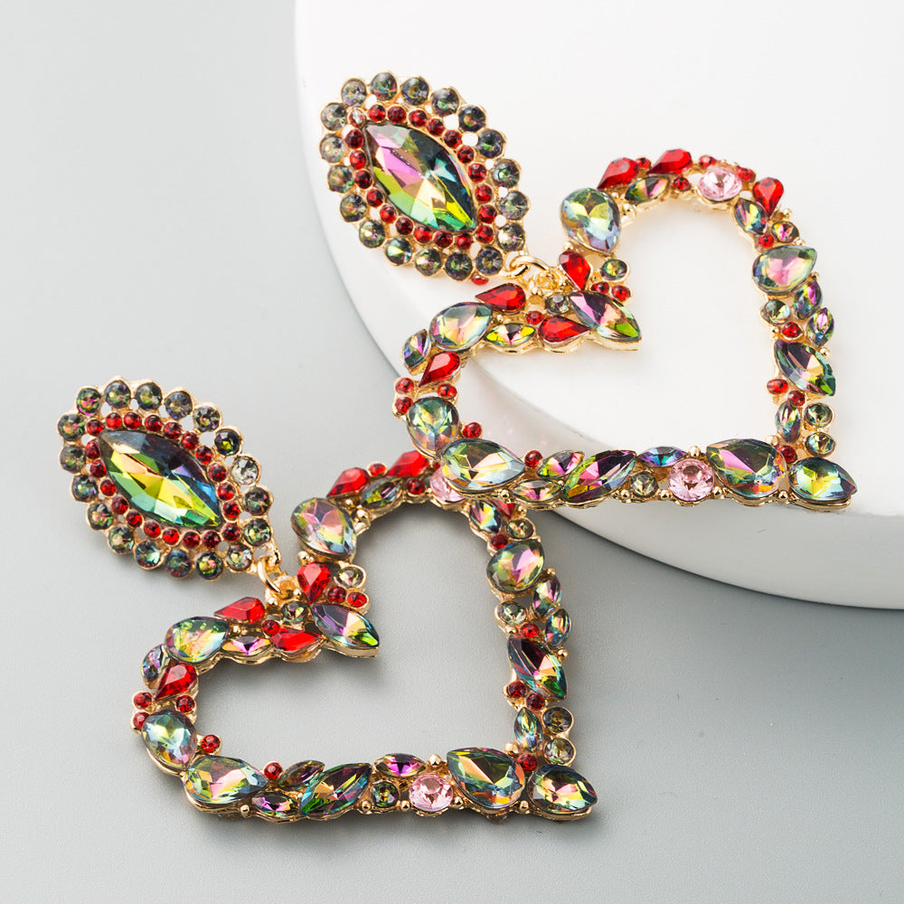 Vintage Heart Shaped Alloy Earrings With Colored Diamonds