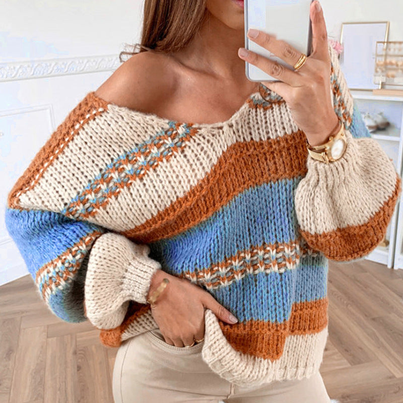 Autumn and Winter Casual Loose Solid Color Printed Sweater Sexy V-neck Sweater