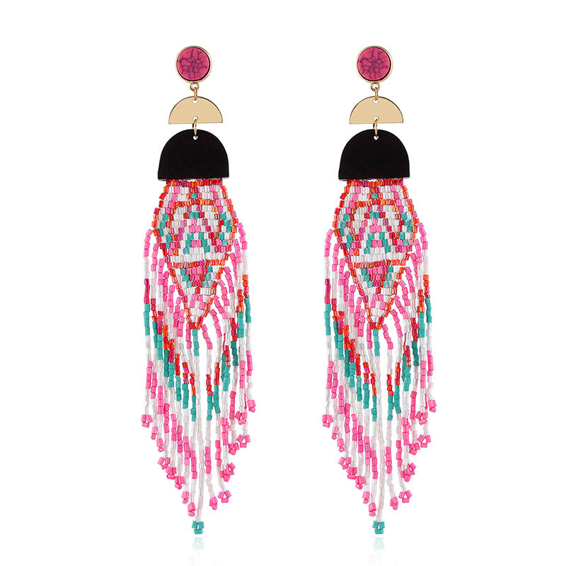 Exaggerated Long Handmade Rice Bead Tassel Earrings