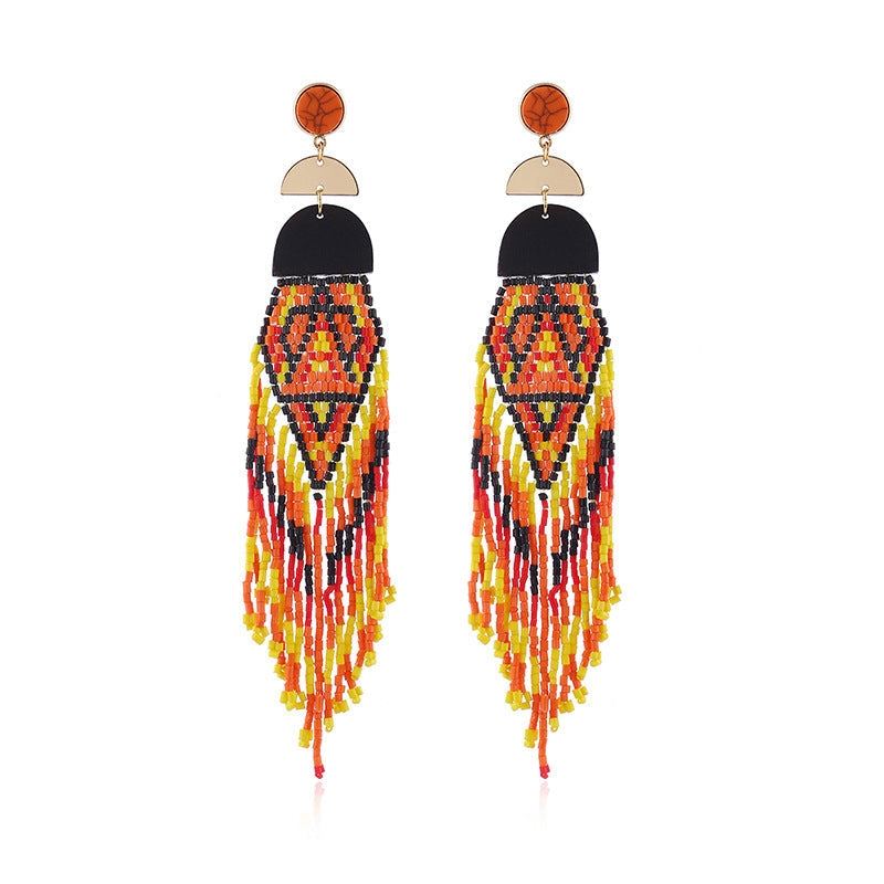 Exaggerated Long Handmade Rice Bead Tassel Earrings