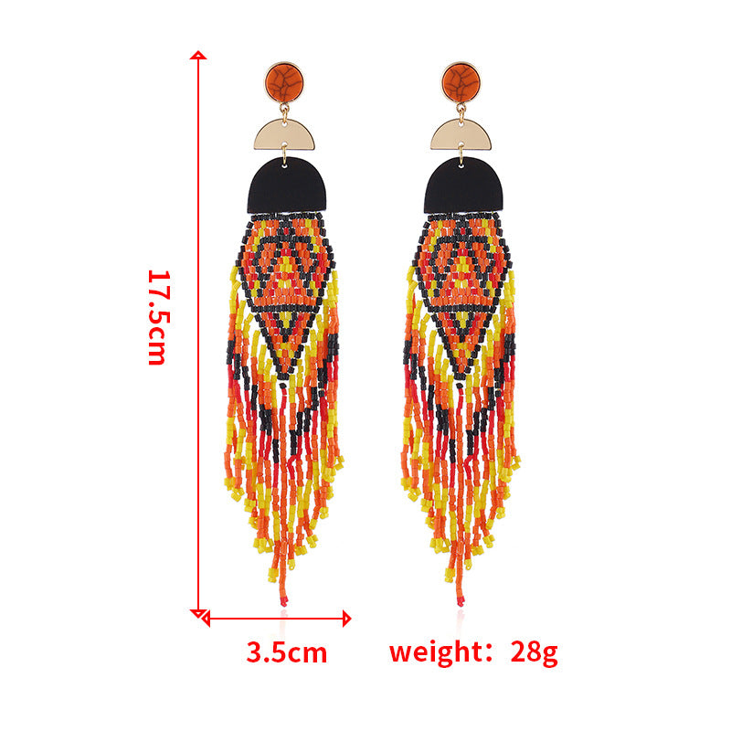 Exaggerated Long Handmade Rice Bead Tassel Earrings