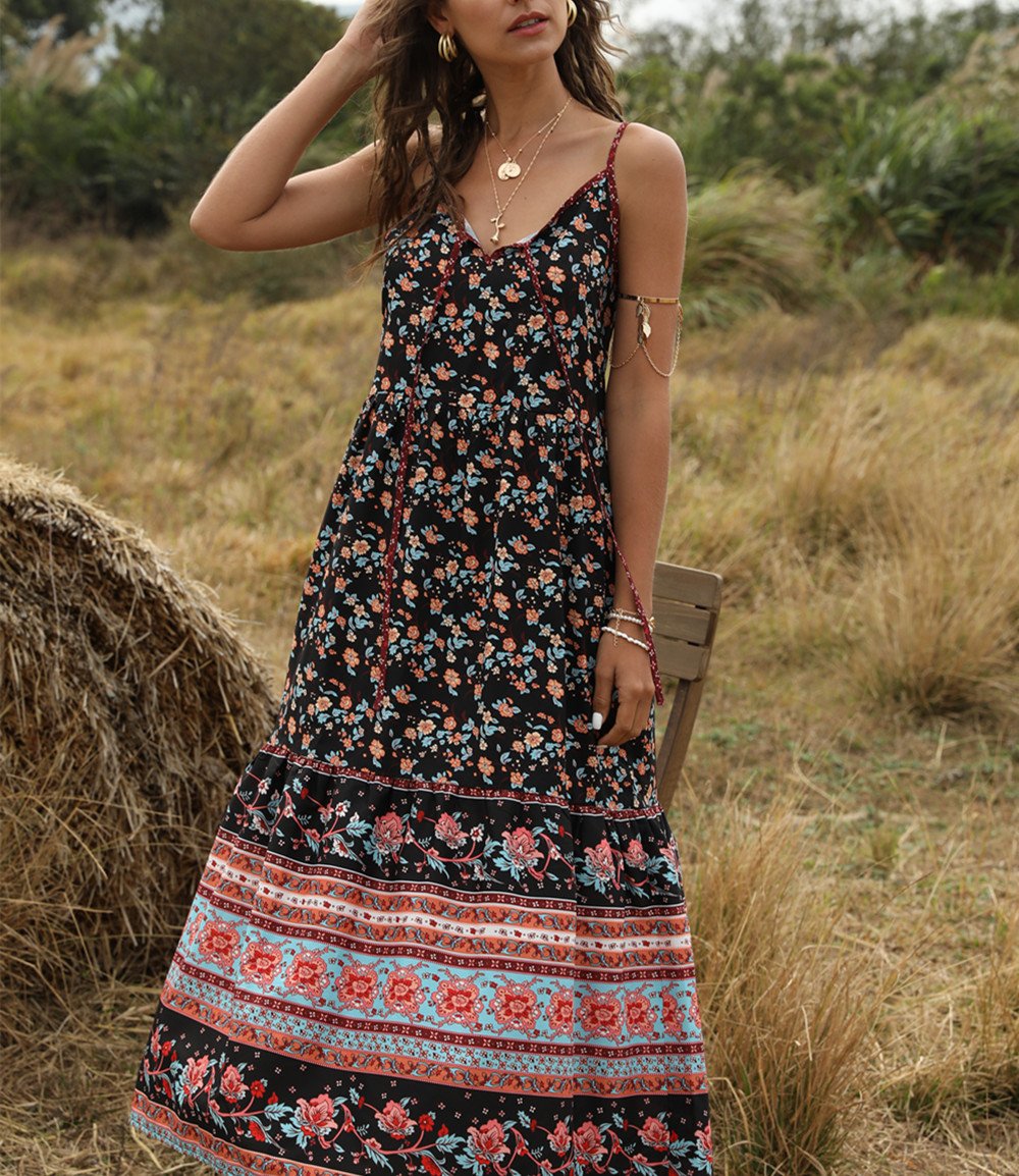 Bohemian Wind Printing Loose V-neck Stitching Large Suspender Dress Women's Clothing