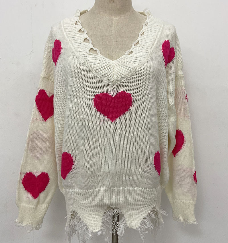 Christmas Sweater Love Splicing V Turtleneck Sweater Women's Loose Pullove