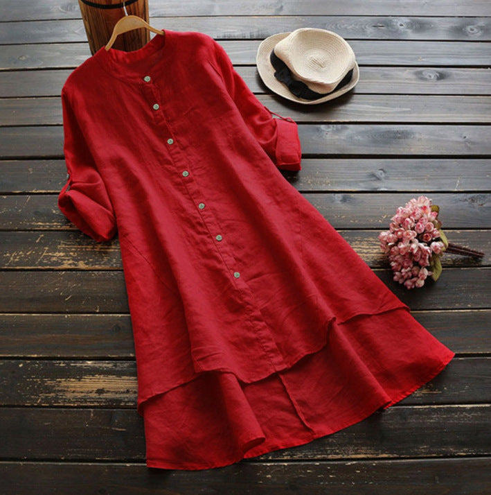 Summer Women's Solid Button Cotton Linen Long Sleeve Long Shirt Dress