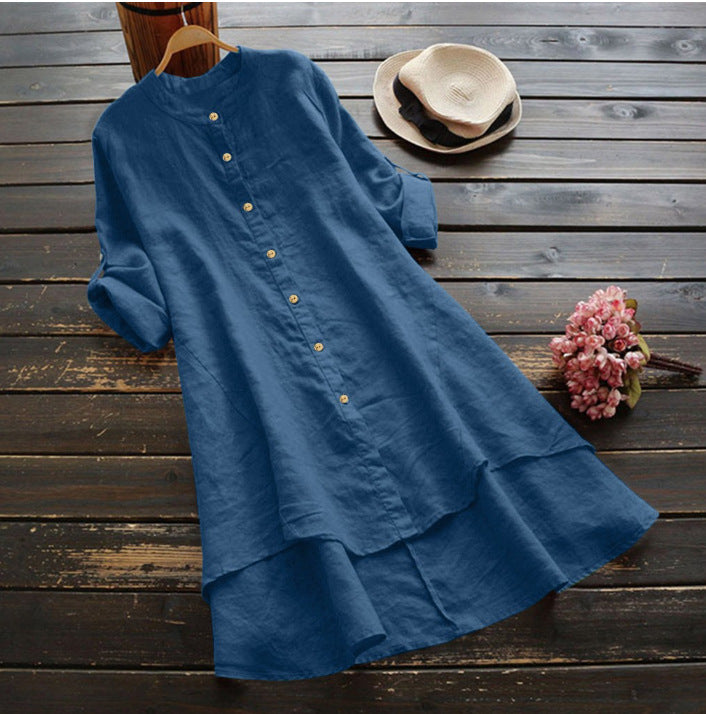 Summer Women's Solid Button Cotton Linen Long Sleeve Long Shirt Dress