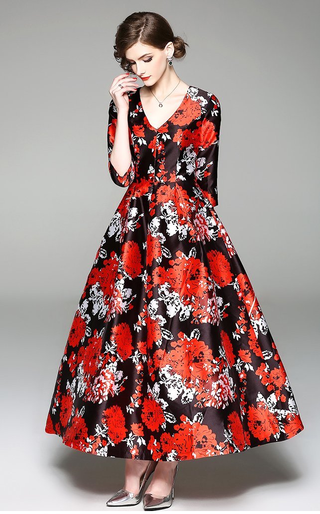 Elegant Floral Print Vintage Party Evening Maxi Dress