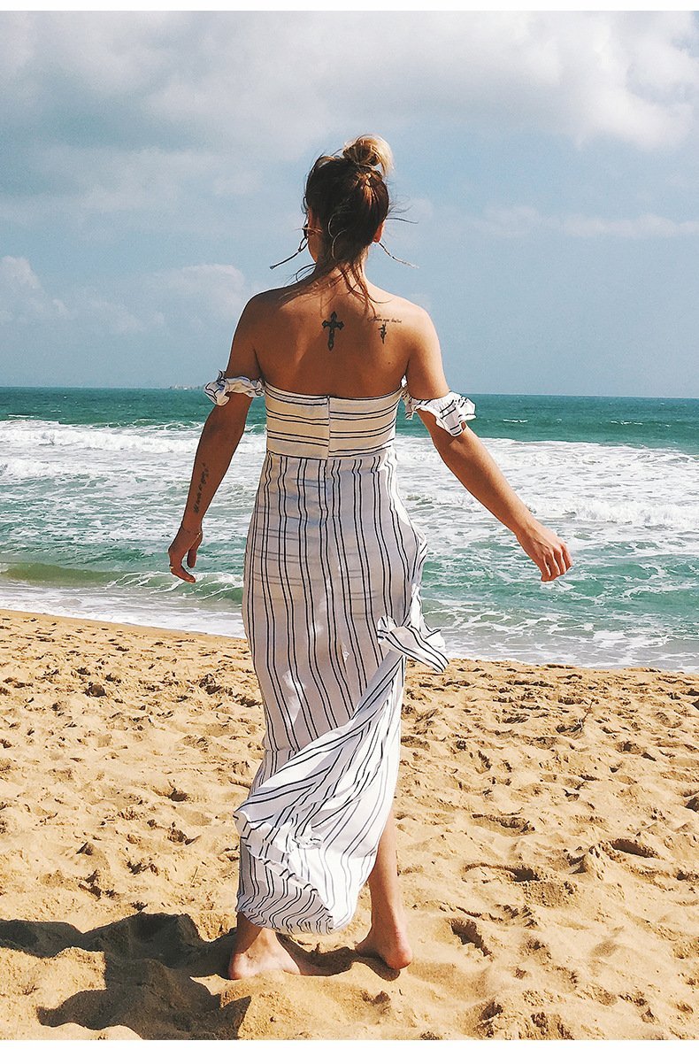 New Sexy Stripe Strapless Backless Irregular Beach Maxi Dress