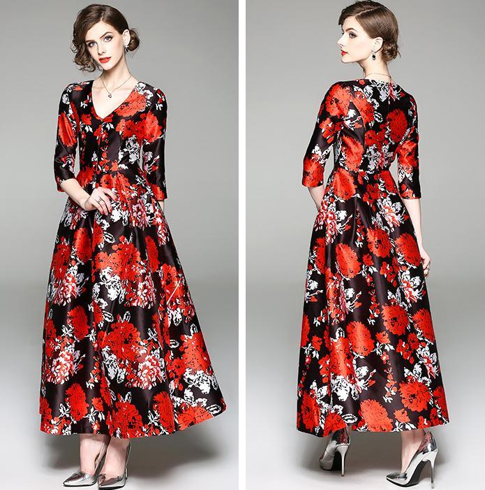 Elegant Floral Print Vintage Party Evening Maxi Dress