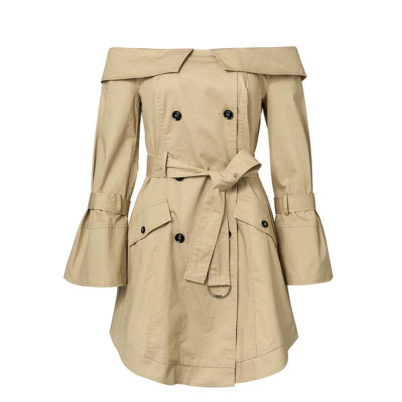 Solid Color Sexy Off Shoulder Belt Trench Coat