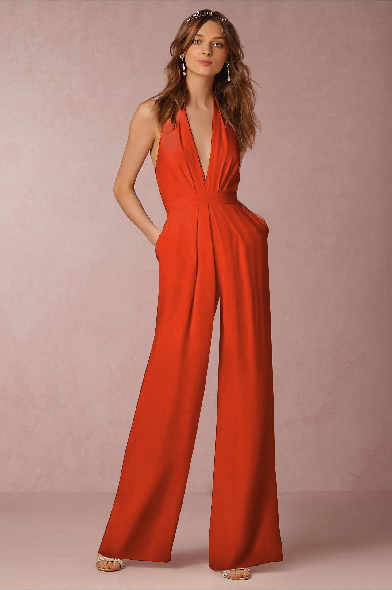 Solid Color Halter Wide Leg Pants Jumpsuit