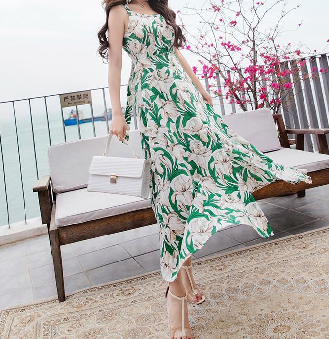 FLORAL SPAGHETTI STRAPS CHIFFON BEACH MAXI DRESS