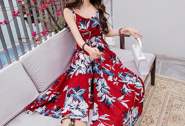 FLORAL SPAGHETTI STRAPS CHIFFON BEACH MAXI DRESS