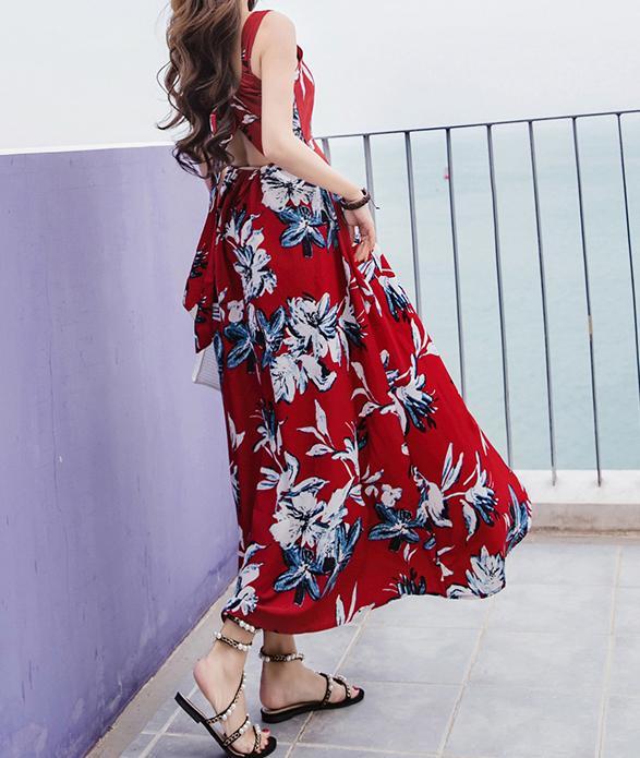 FLORAL SPAGHETTI STRAPS CHIFFON BEACH MAXI DRESS