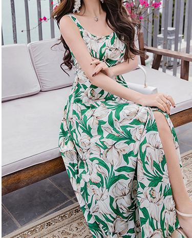 FLORAL SPAGHETTI STRAPS CHIFFON BEACH MAXI DRESS