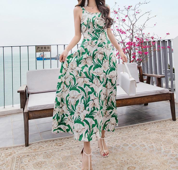 FLORAL SPAGHETTI STRAPS CHIFFON BEACH MAXI DRESS