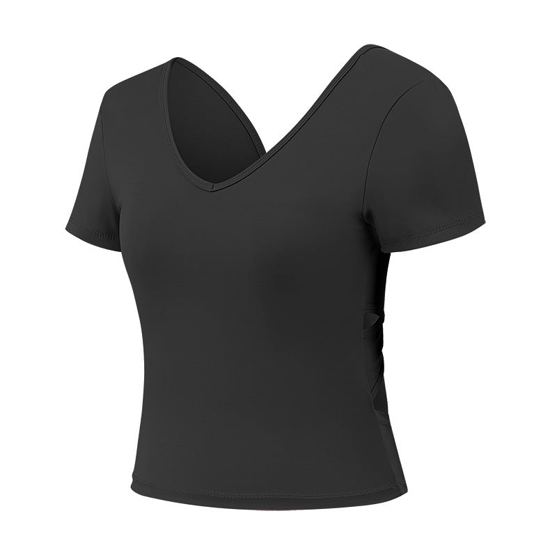 Yoga clothes with chest pads, sports T-shirts, women's cross-backs, tight-fitting short sleeves and quick-drying fitness clothes