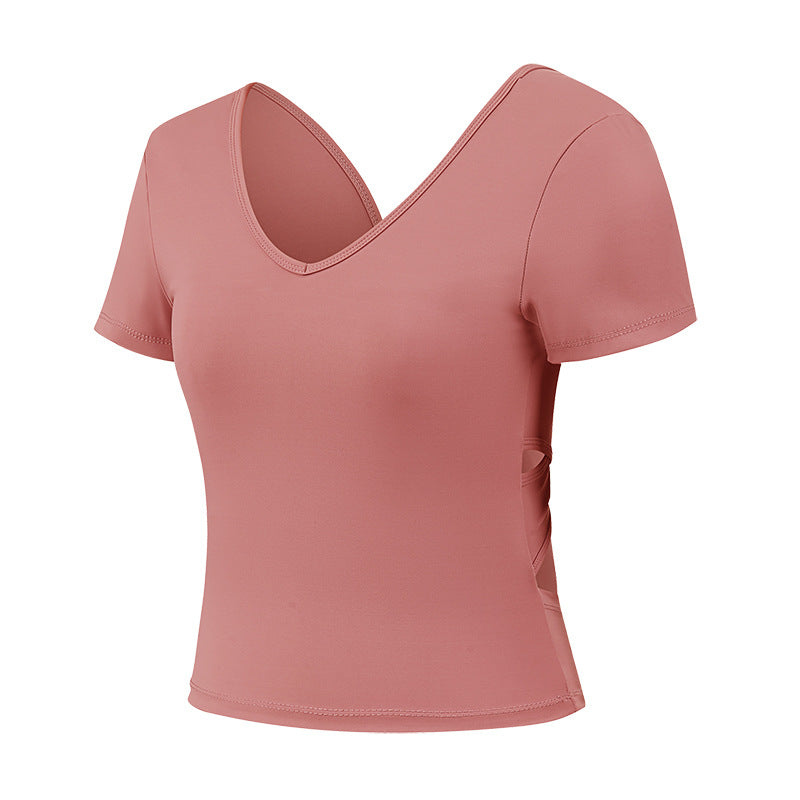 Yoga clothes with chest pads, sports T-shirts, women's cross-backs, tight-fitting short sleeves and quick-drying fitness clothes