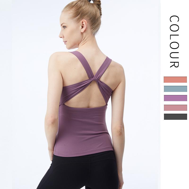 Yoga vest women's long fashion cross back sports fitness top with chest cushion