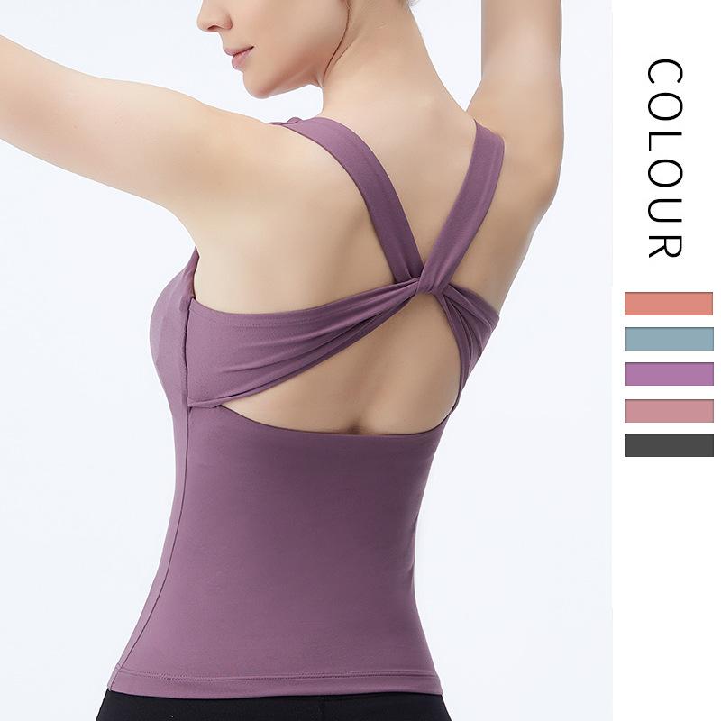 Yoga vest women's long fashion cross back sports fitness top with chest cushion