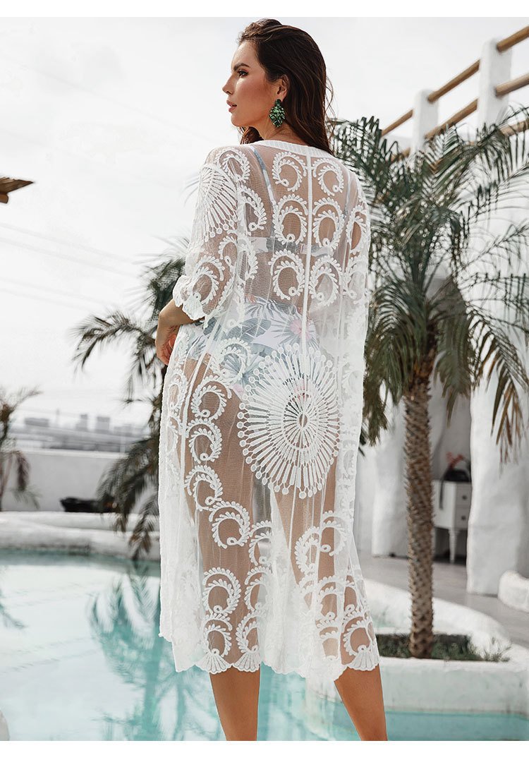 Lace Embroidered Beach Sun-kissed Loose-fitting Vacation Dress Bikini Cardigan