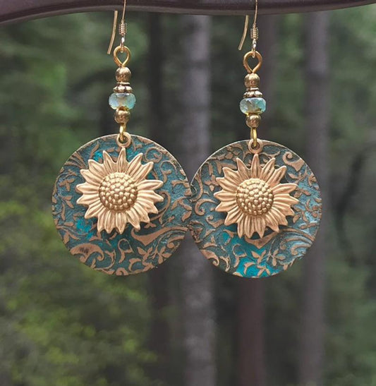 Retro Bohemian Separation Double Sunflower Pattern Earrings Retro Fashion Earrings