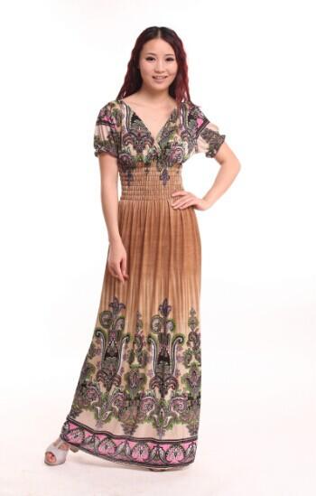 Bohemian Slim Short Sleeved Tuxedo Resort Beach Skirt Print Dress