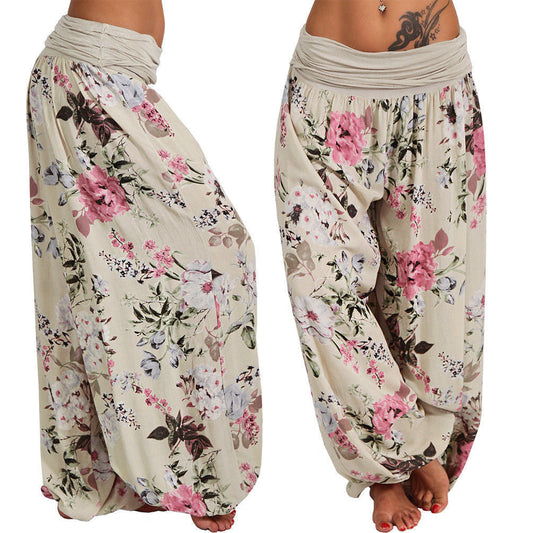 Digital print long wide leg slacks harem