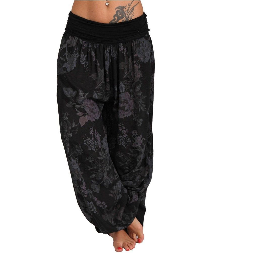 Digital print long wide leg slacks harem