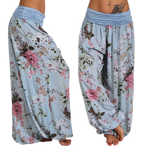 Digital print long wide leg slacks harem