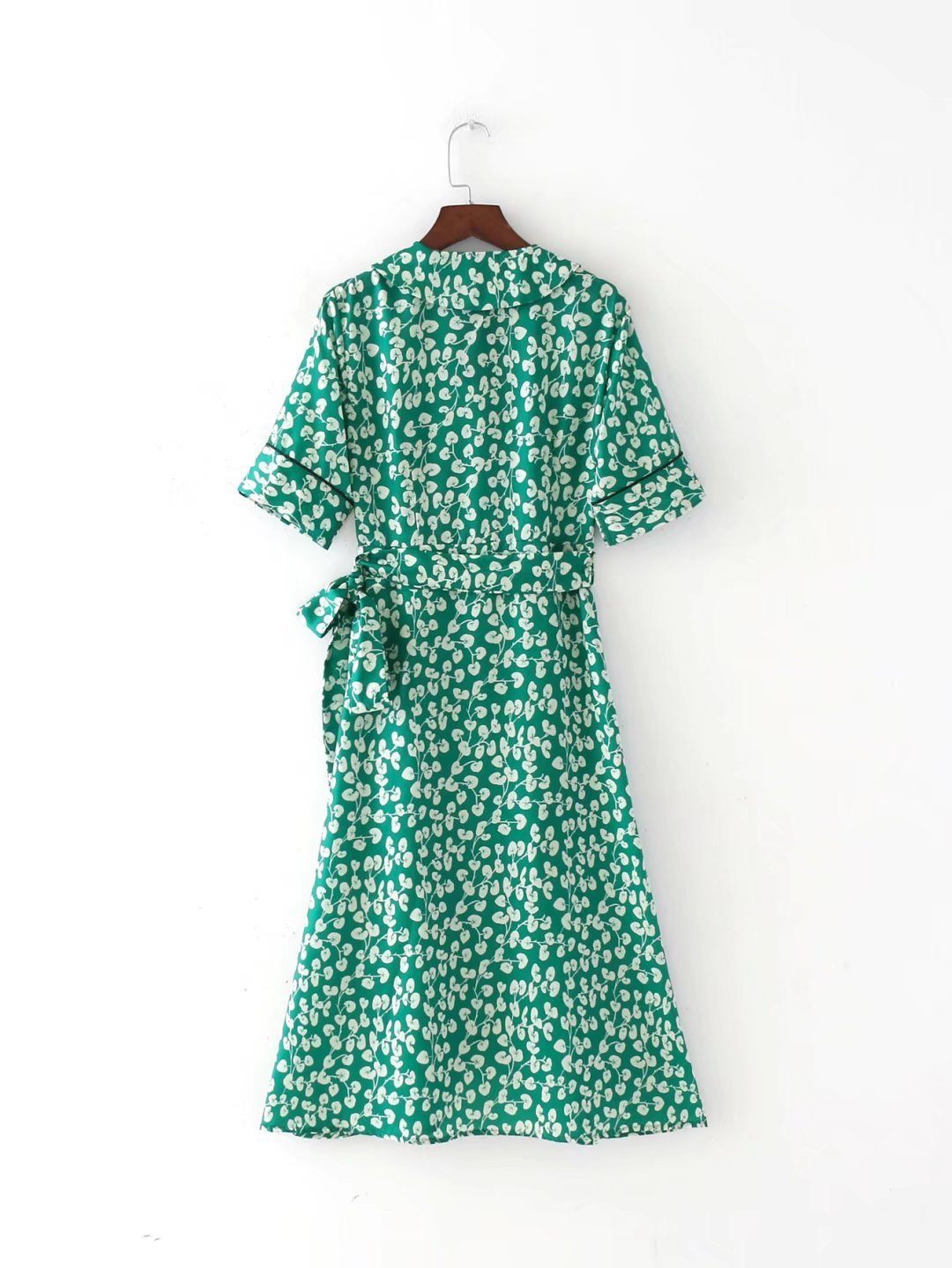 V-NECK GREEN FLORAL HALF-SLEEVE BOHO LONG DRESS