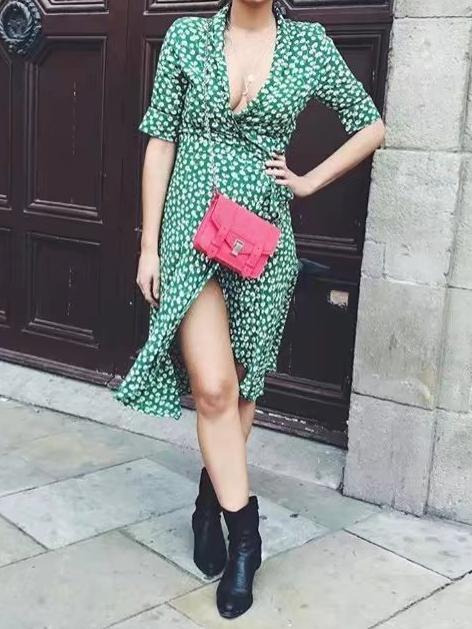 V-NECK GREEN FLORAL HALF-SLEEVE BOHO LONG DRESS