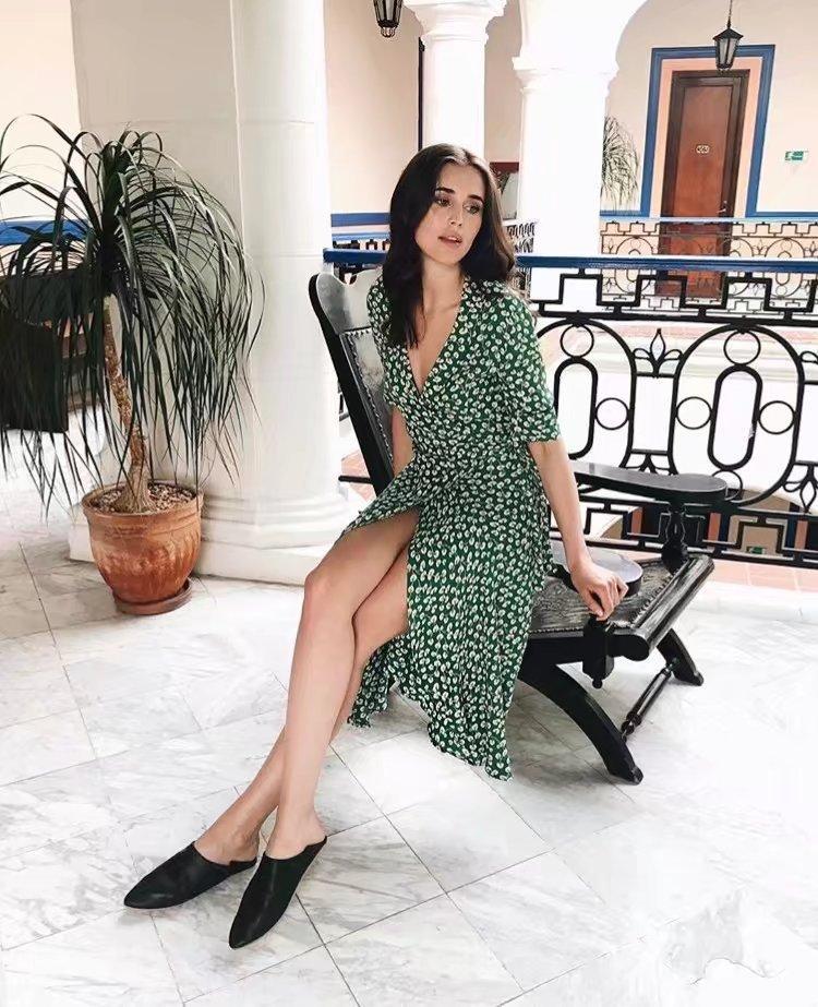 V-NECK GREEN FLORAL HALF-SLEEVE BOHO LONG DRESS