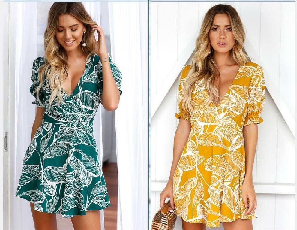 Print V Neck Short Sleeve Mini Dress