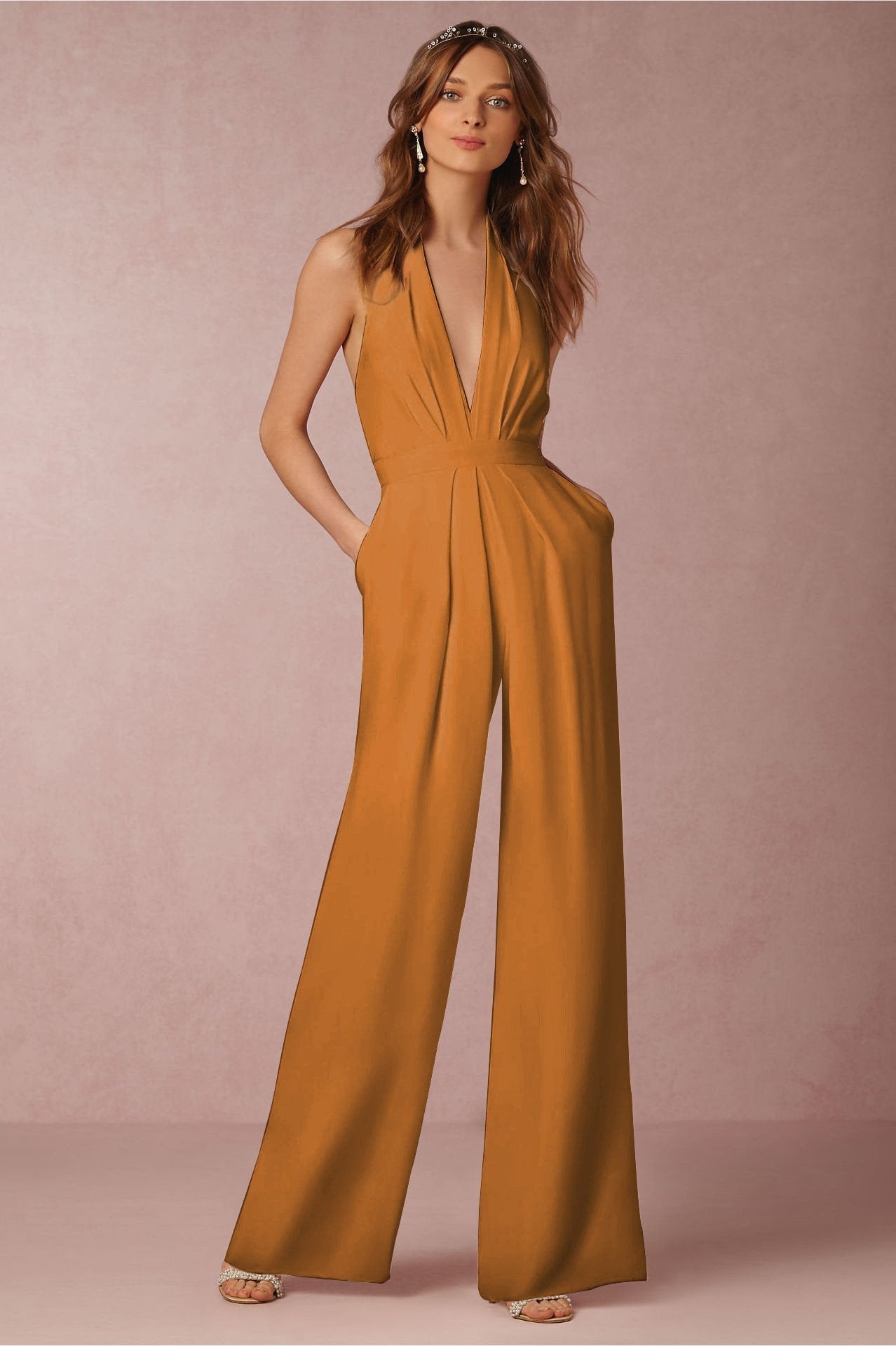 Solid Color Halter Wide Leg Pants Jumpsuit