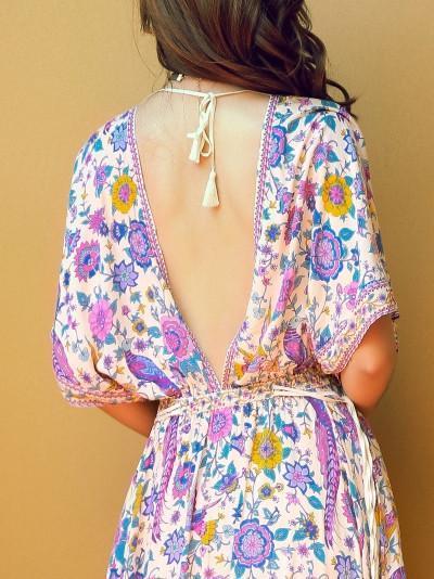 Belted Floral Printed Deep V Neck Off Back Maxi Dress