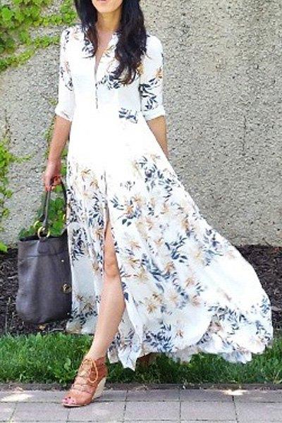 Leaf Print Bohemian Casual Long Sleeve Big hem Maxi Dress