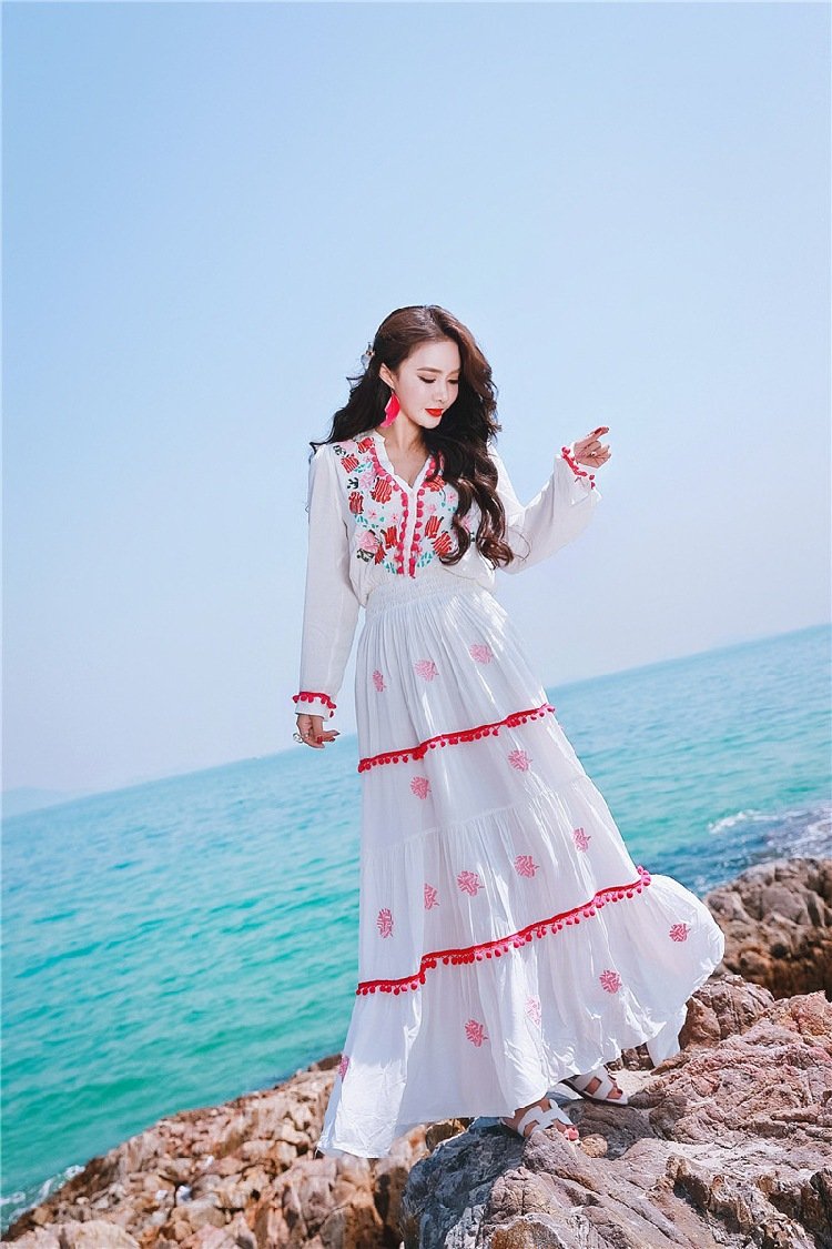 Floral Embroidered Hippie White Long Sleeve Pompom Maxi Dress