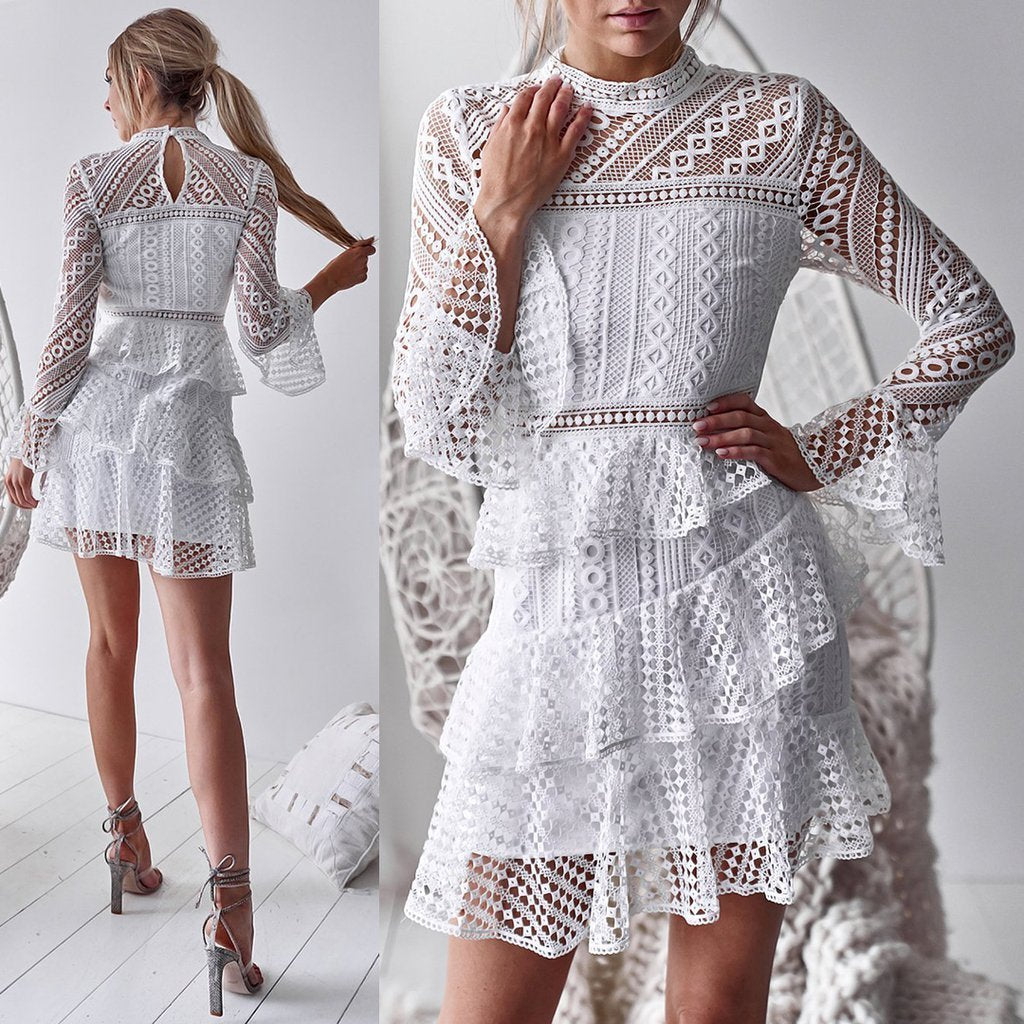 Autumn Sexy Long Sleeve Falbala Sleeves Lace Hollow Dress