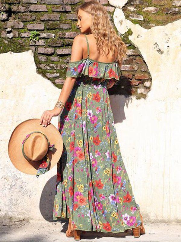 Printed Sling Cardigan Big Swing Bohemian Holiday Casual Waist One-length Collar Long Dress