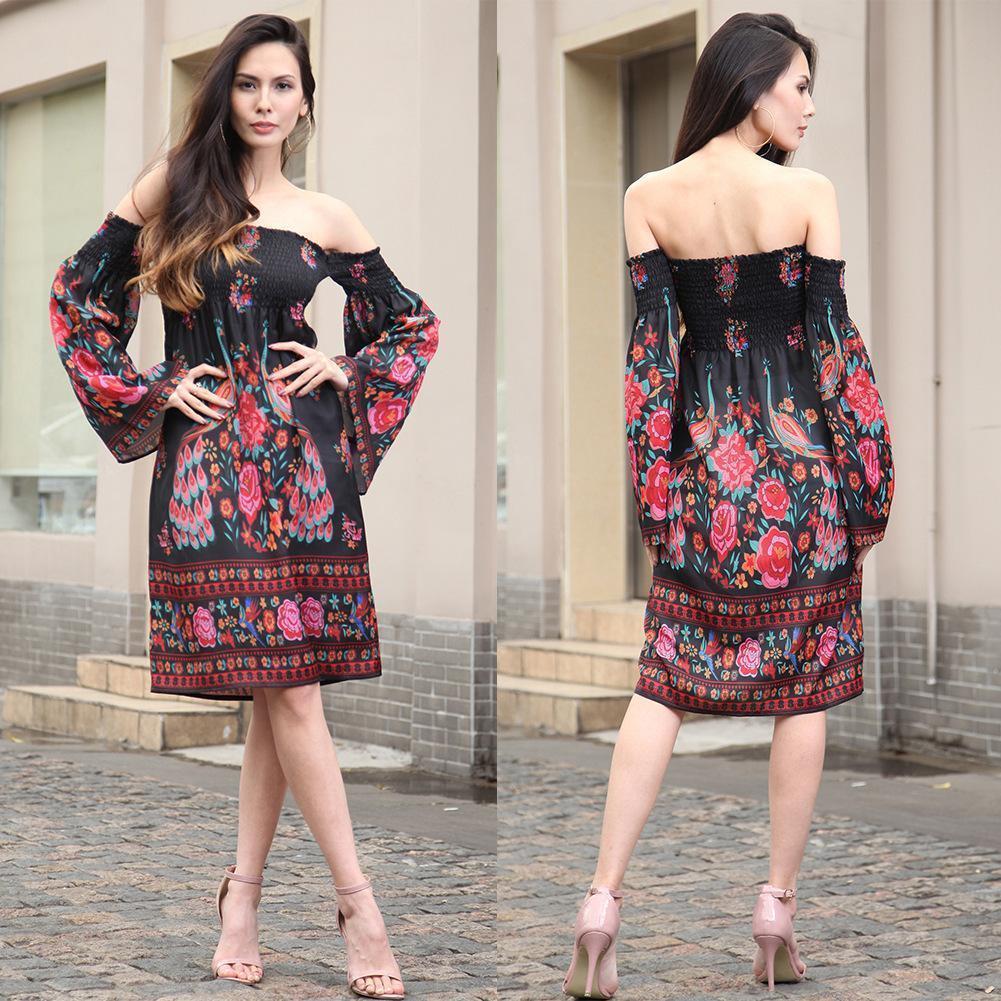 Summer New Women's One-shoulder Floral Print Dress