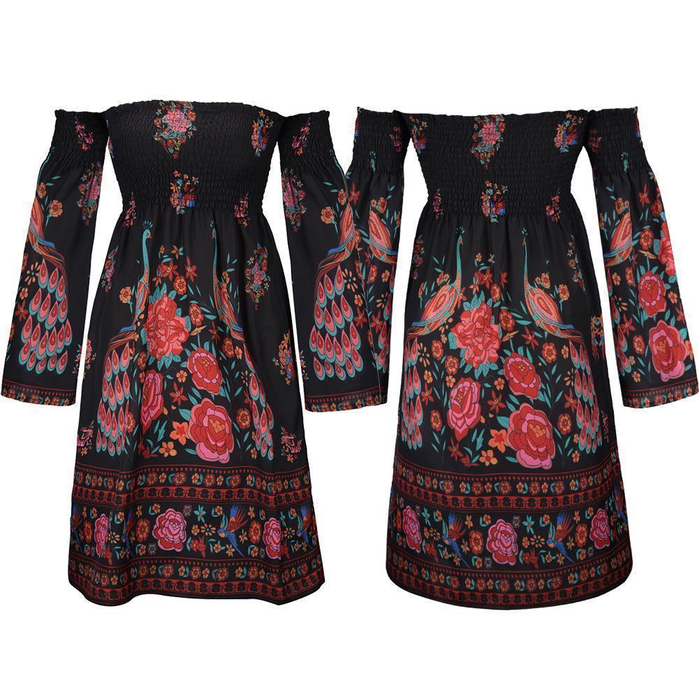 Summer New Women's One-shoulder Floral Print Dress