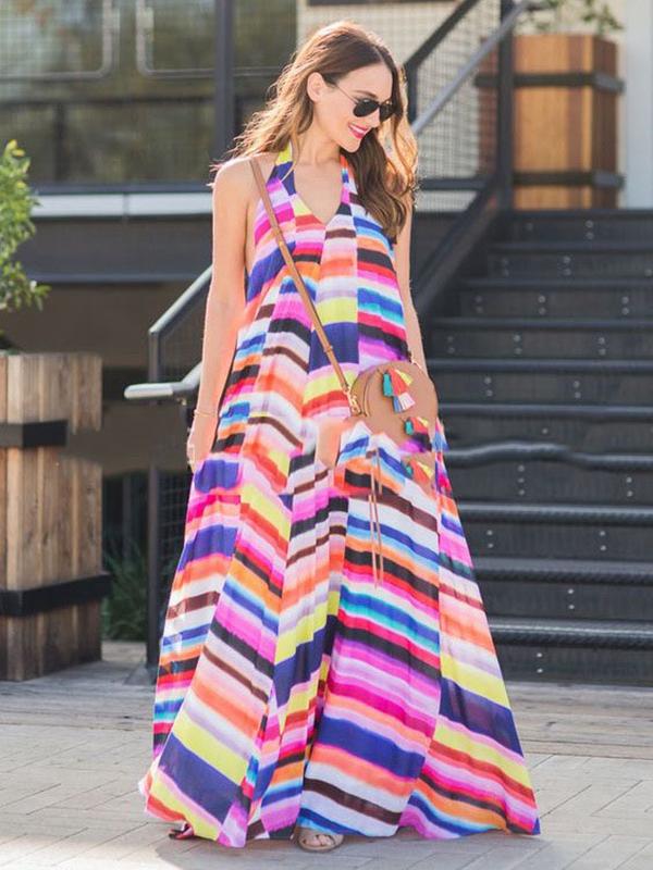 BOHO Vacation Leisure Hanging Neck Print Long Dress