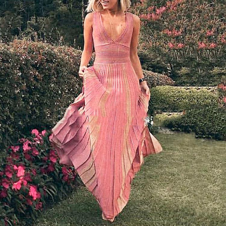 Women Sexy Fashion Striped Sleeveless Maxi Evening Long Dress