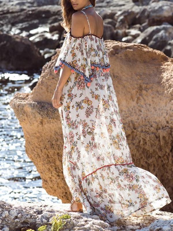 Bohemian Printed Sling With Word Collar Ruffled Sling Ball Maxi Dress Long Skirt Holiday Style