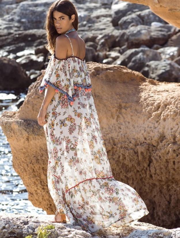 Bohemian Printed Sling With Word Collar Ruffled Sling Ball Maxi Dress Long Skirt Holiday Style