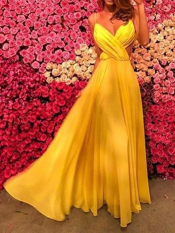 Sexy Sling V-neck Wrapped Chiffon Dress Long Dress