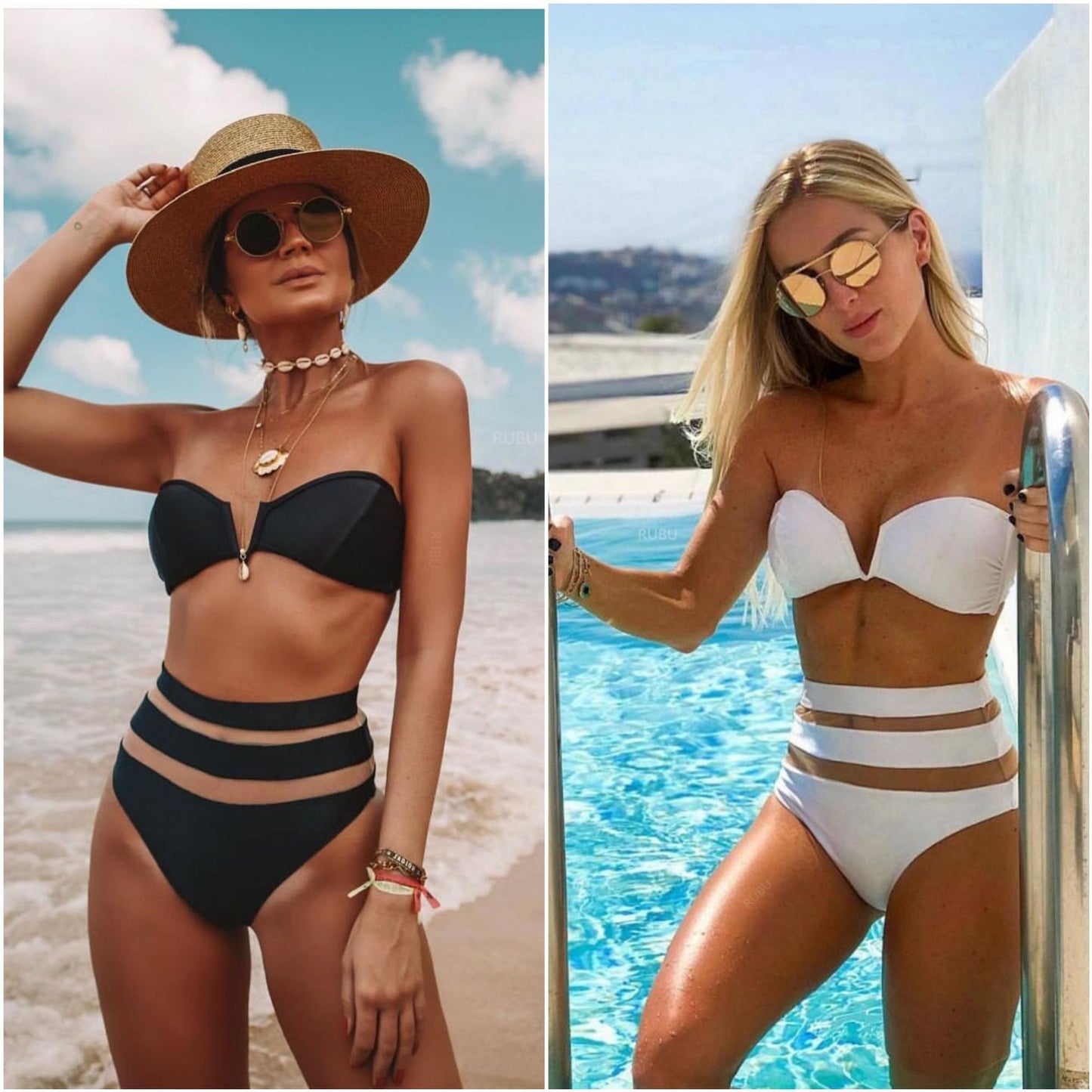 Split Swimsuit V-neck Mesh Stitching Sexy High Waist Bikini