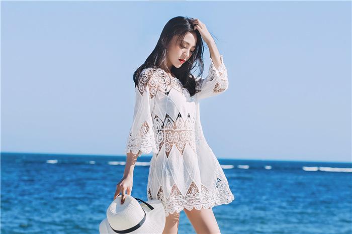 Cutout Sexy Beach Bikini Cover Shirt Long Section of Sleeves Hollow Beach Sunscreen Shirt Cover Up